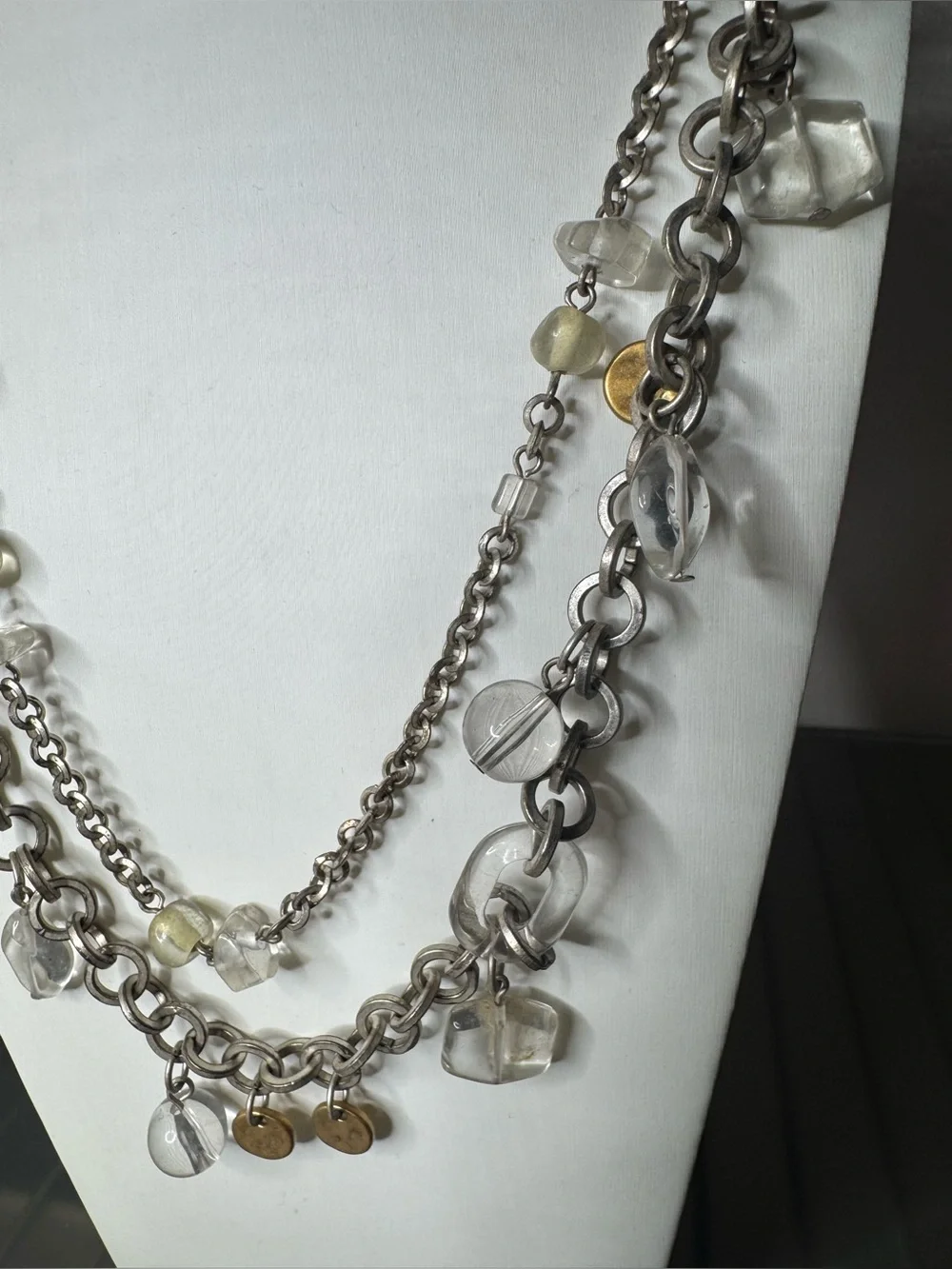 Multi-Strand Silver-Tone Necklace with Clear and Pale Gold Beads